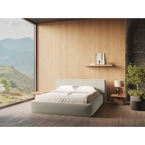 Krémová čalouněná dvoulůžková postel s úložným prostorem s roštem 180x200 cm Kiana – Makamii-image-1