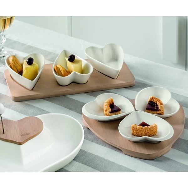 Sada 3 servírovacích misek z porcelánu na bambusovém podnosu Brandani Hearts-image-1