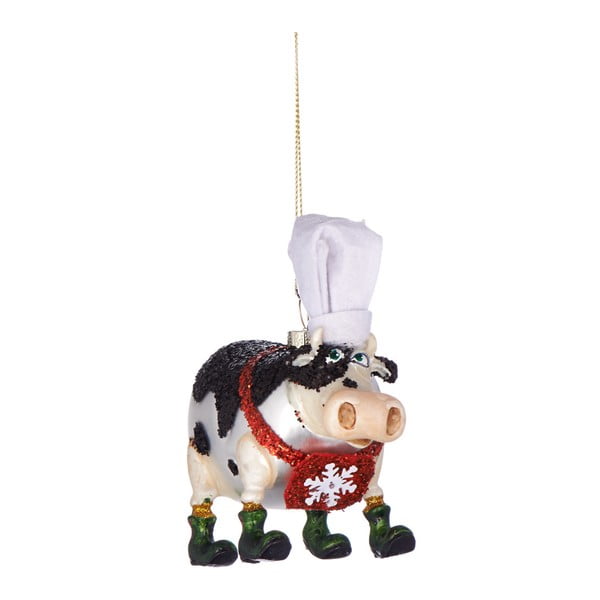 Vánoční závěsná ozdoba ze skla Butlers Kráva s kuchařskou čepicí, 11,5 cm
