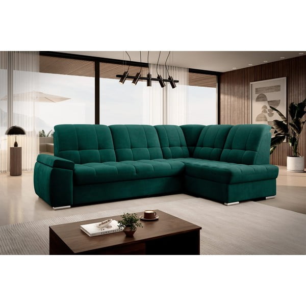 Zelená sametová rozkládací/s úložným prostorem rohová pohovka (pravý roh/do L) Sado – ELTAP-image-4