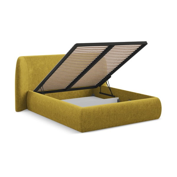Čalouněná dvoulůžková postel v hořčicové barvě s úložným prostorem s roštem 180x200 cm Hauke – Makamii-image-2