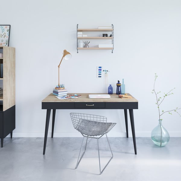 Černý pracovní stůl s deskou v dekoru dubu 134x59 cm - TemaHome-image-1