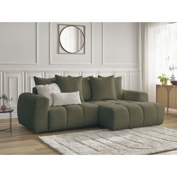 Khaki rozkládací/s úložným prostorem rohová pohovka z textilie bouclé (pravý roh/s lenoškou) Roxelane – Bobochic Paris-image-4