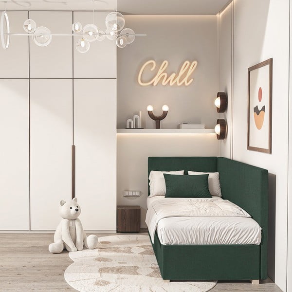 Tmavě zelená rohová dětská postel s úložným prostorem s matrací 90x200 cm Flexi – Ghado-image-1