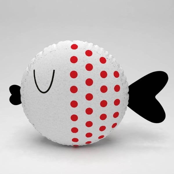 Bílý polštářek s červenými puntíky Fishie, ⌀ 32 cm