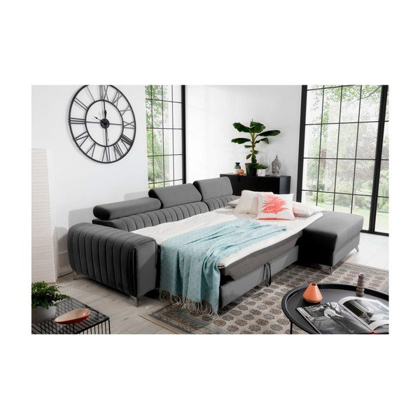 Tmavě šedá sametová rozkládací/s úložným prostorem rohová pohovka (pravý roh/s lenoškou) Grayson – ELTAP-image-4