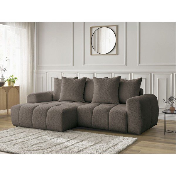 Hnědá rozkládací/s úložným prostorem rohová pohovka z textilie bouclé (levý roh/s lenoškou) Roxelane – Bobochic Paris-image-3