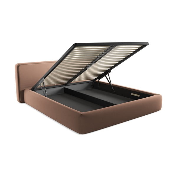 Světle růžová čalouněná dvoulůžková postel s úložným prostorem s roštem 180x200 cm Kiana – Makamii-image-3