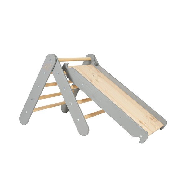 Šedý pikler trojúhelník z borovicového dřeva 46x87x60 cm Montessori – Meowbaby