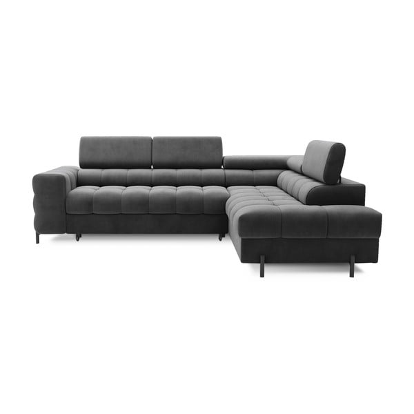 Tmavě šedá sametová rozkládací/s úložným prostorem rohová pohovka (pravý roh/do L) Ferucce – ELTAP