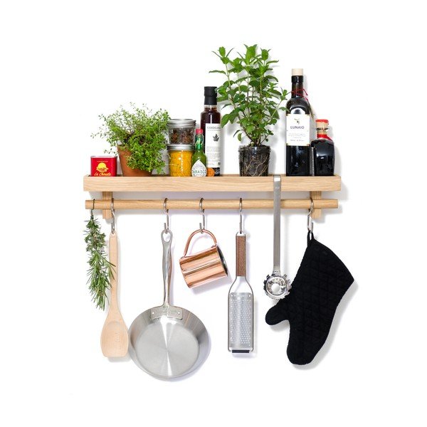 Polička s věšákem na kuchyňské nástroje z dubového dřeva Wireworks-image-1
