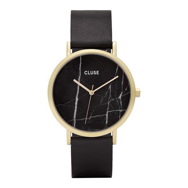 Dámské černé hodinky s koženým řemínkem a mramorovým ciferníkem Cluse La Roche Rose