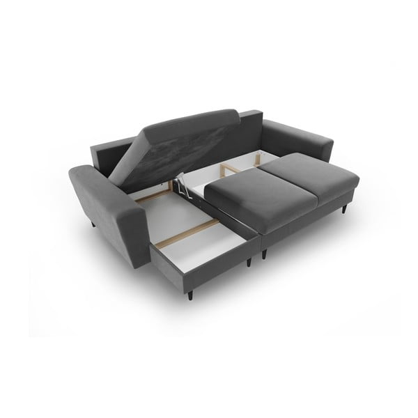 Světle šedá sametová rozkládací/s úložným prostorem rohová pohovka Kyoto – Cosmopolitan Design-image-3