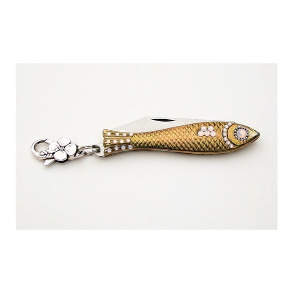 Český nožík rybička ve zlaté barvě s krystalem a karabinkou v designu od Alexandry Dětinské