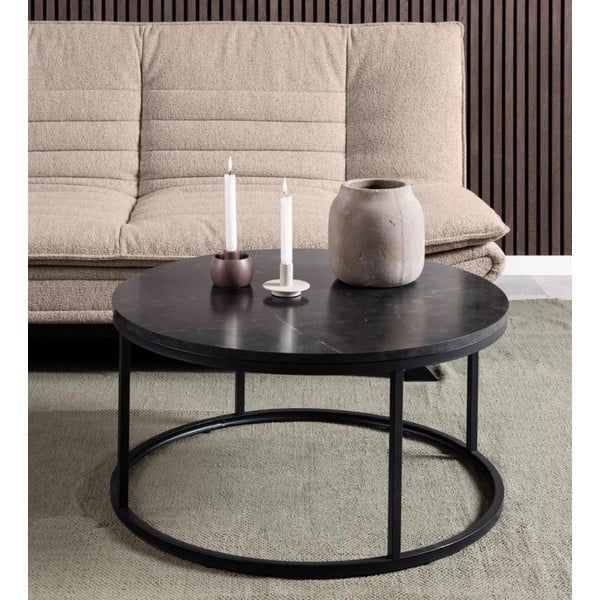 Černý kulatý konferenční stolek s deskou v dekoru mramoru ø 80 cm Spiro – Actona-image-1