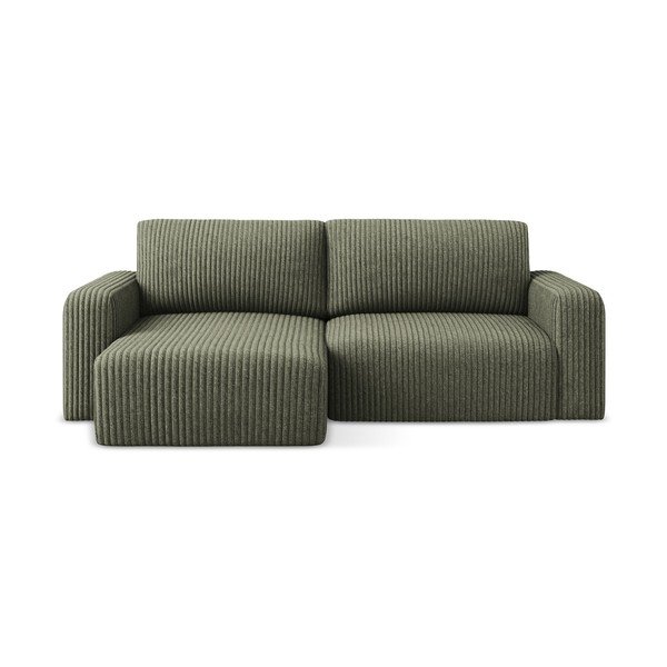 Zelená manšestrová rozkládací/s úložným prostorem rohová pohovka (levý roh/s lenoškou) Kona – Makamii