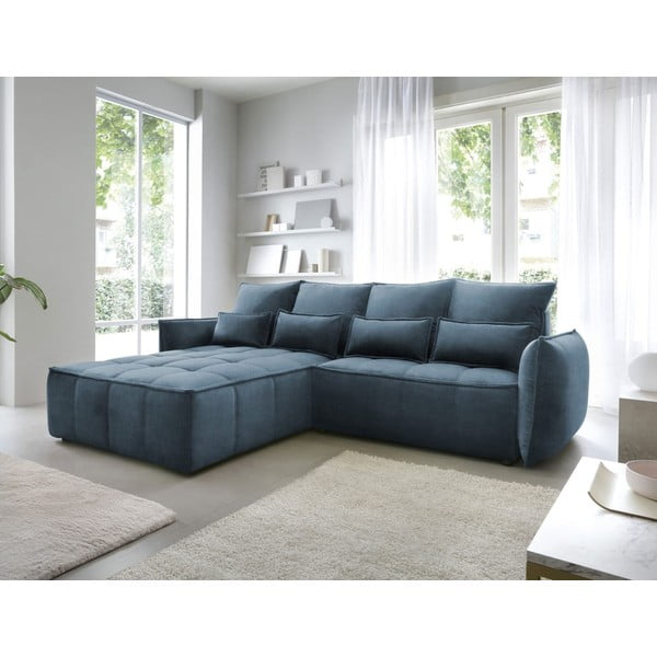 Modrá sametová rozkládací/s úložným prostorem rohová pohovka (levý roh/s lenoškou) Campo – ELTAP-image-1