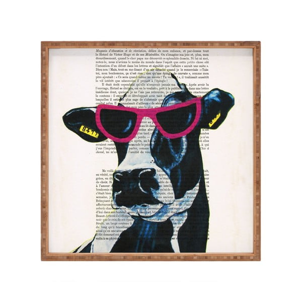 Dřevěný dekorativní servírovací tác Cool Cow, 40 x 40 cm