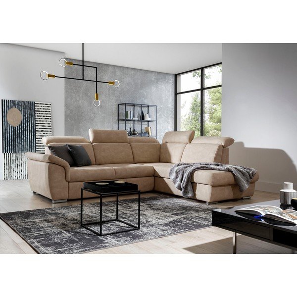 Béžová sametová rozkládací/s úložným prostorem rohová pohovka (pravý roh/do L) Loreto – ELTAP-image-2