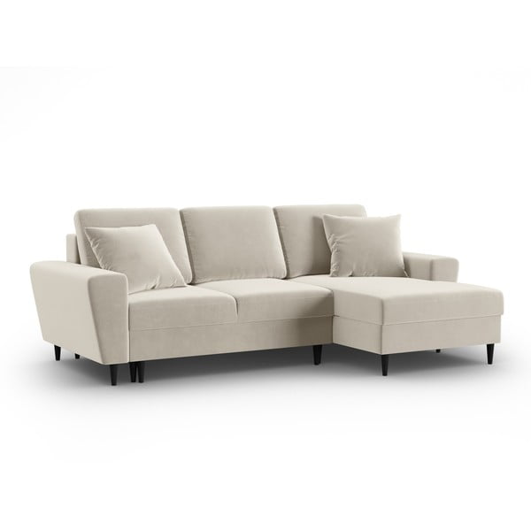 Béžová sametová rozkládací/s úložným prostorem rohová pohovka (pravý roh/s lenoškou) Kyoto – Cosmopolitan Design-image-4