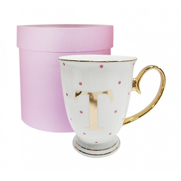 Písmenkový
  hrnek T s růžovými puntíky