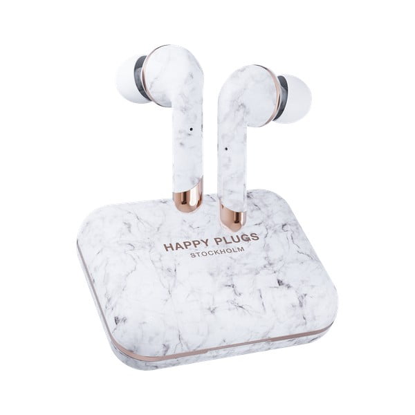 Bezdrátová sluchátka v bílé mramorové barvě Happy Plugs Air 1 Plus In-Ear