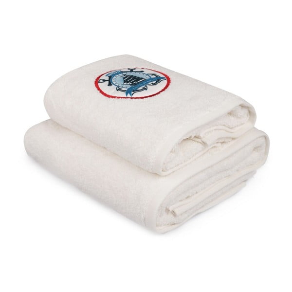 Set bílého ručníku a bílé osušky s barevným detailem Land & Sea