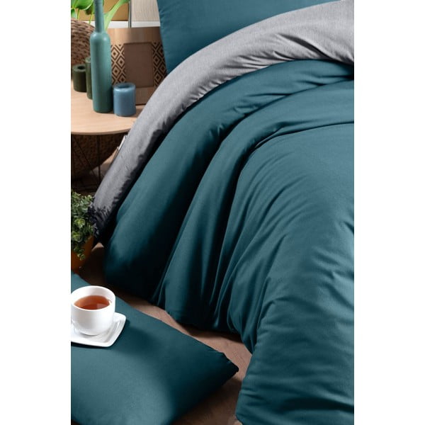 Bavlněné povlečení na dvoulůžko/prodloužené s prostěradlem v petrolejové barvě/šedé 200x220 cm – Mila Home-image-2