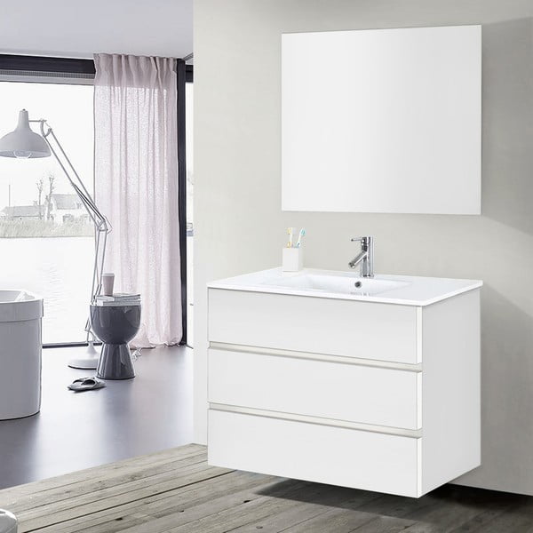 Koupelnová skříňka s umyvadlem a zrcadlem Nayade, odstín bílé, 100 cm