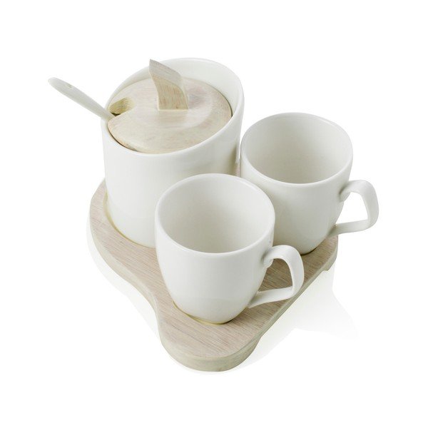 Sada 2 porcelánových hrnků a cukřenky se lžičkou na bambusovém podnosu Brandani Square-image-1