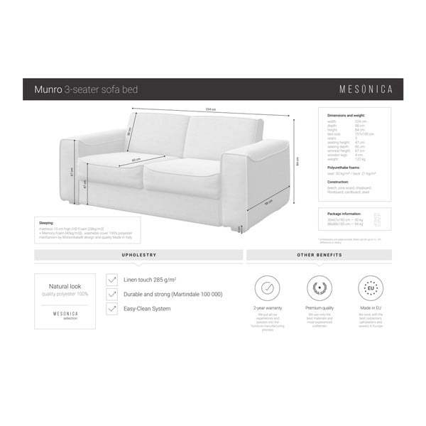 Šedá rozkládací pohovka MESONICA Munro, 224 cm-image-4