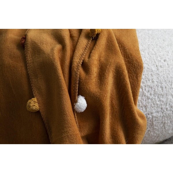 Fleecový přehoz v hořčicové barvě 150x200 cm Pom Pom – Mijolnir-image-2