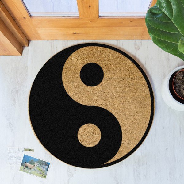 Černá kulatá rohožka z přírodního kokosového vlákna Artsy Doormats Yin Yang, ⌀ 70 cm-image-1