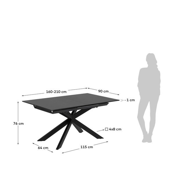 Černý rozkládací jídelní stůl se skleněnou deskou 90x210 cm Atminda – Kave Home-image-4