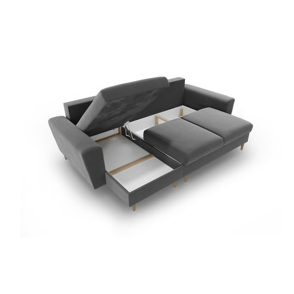 Světle šedá sametová rozkládací/s úložným prostorem rohová pohovka Kyoto – Cosmopolitan Design-image-3