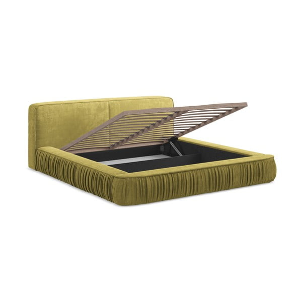 Žlutá čalouněná dvoulůžková postel s úložným prostorem s roštem 180x200 cm Keoni – Makamii-image-4