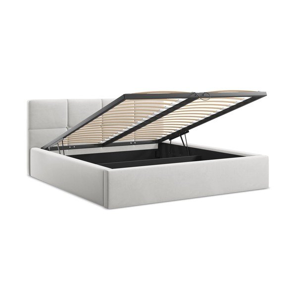 Světle šedá sametová čalouněná dvoulůžková postel s úložným prostorem s roštem 140x200 cm Hiko – Makamii-image-2