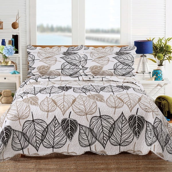 Přehoz přes postel s motivem listů se dvěma povlaky na polštář  Sleeptime Floor, 260 x 250 cm