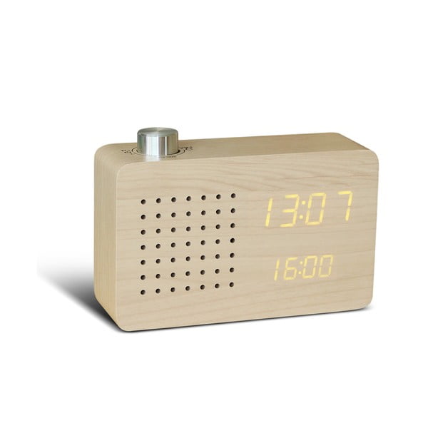Béžový budík se žlutým LED displejem a rádiem Gingko Radio Click Clock