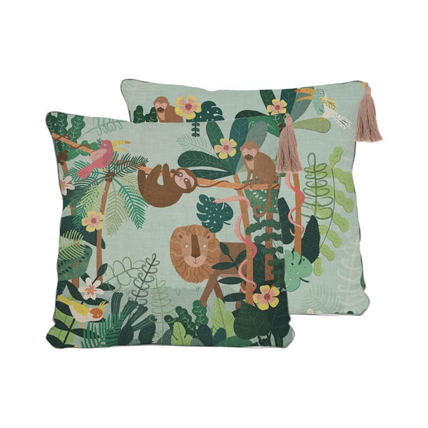 Zelený polštář s příměsí lnu Little Nice Things Jungle Friends, 45 x 45 cm