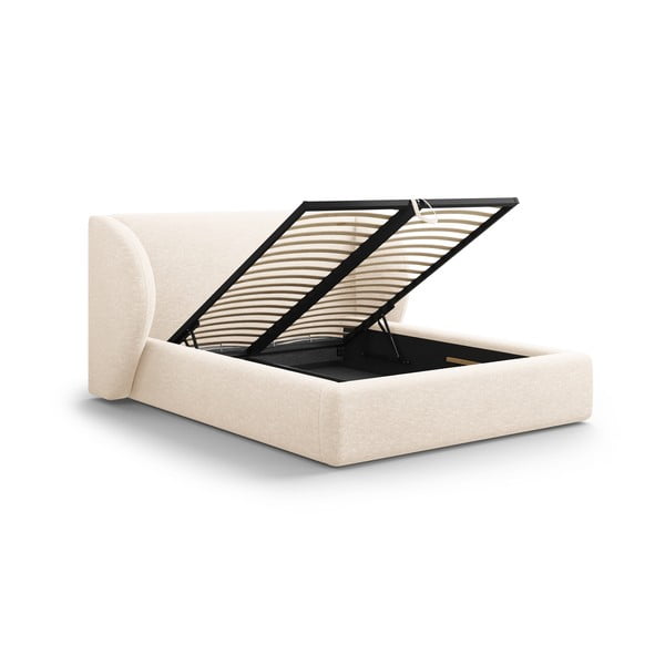 Krémová čalouněná dvoulůžková postel s úložným prostorem s roštem 180x200 cm Miley – Micadoni -image-3
