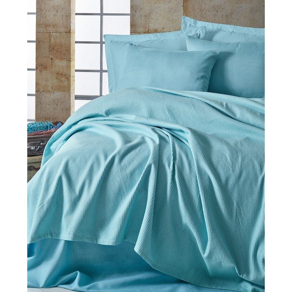 Set přehozu, prostěradla a 2 povlaků na polštáře EnLora Home Deportes Baby Blue, 200 x 235 cm