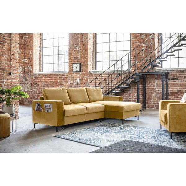 Hořčicově žlutá sametová rozkládací rohová pohovka Miuform Lofty Lilly, pravý roh-image-3