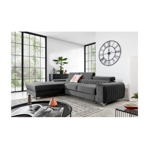 Tmavě šedá sametová rozkládací/s úložným prostorem rohová pohovka (levý roh/s lenoškou) Grayson – ELTAP-image-1