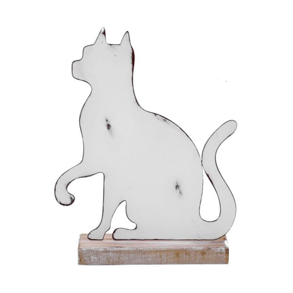 Malá bílá kovová Dekorace na dřevěném podstavci s motivem kočky Ego Dekor, 15 x 19,5 cm