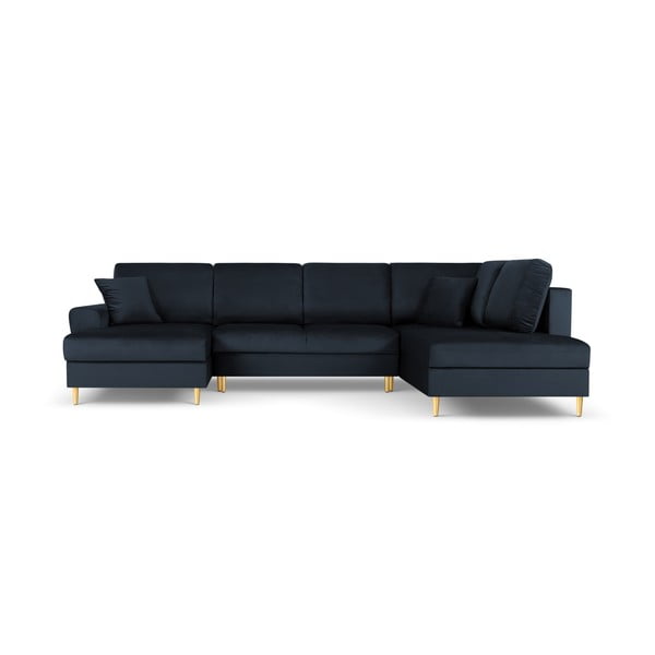 Tmavě modrá sametová rozkládací/s úložným prostorem rohová pohovka (pravý roh/do "U") Kyoto – Cosmopolitan Design