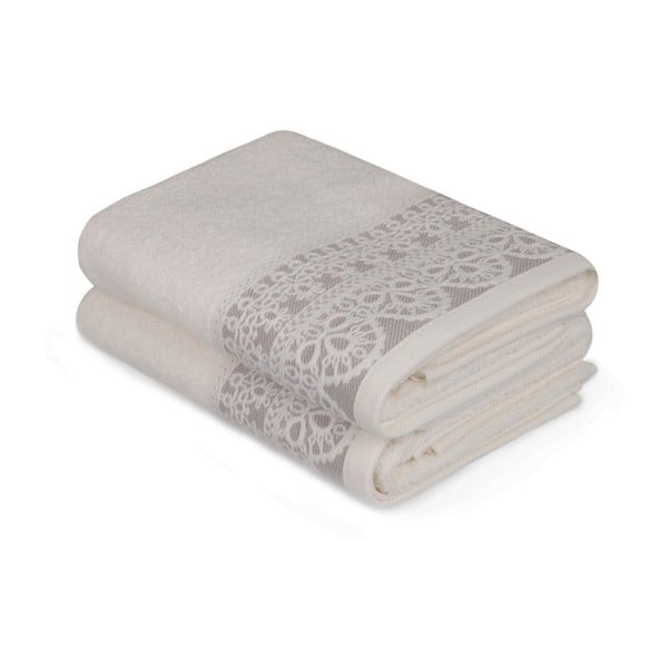 Sada dvou bílých ručníků s béžovým detailem Romantica, 90 x 50 cm