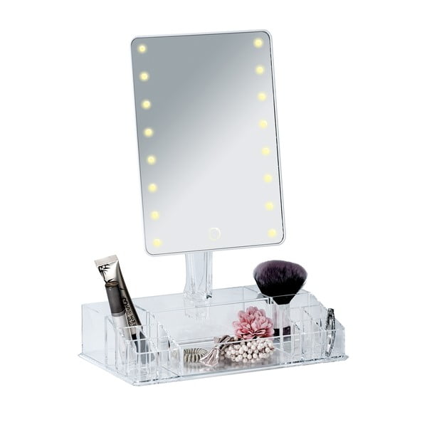 Bílé kosmetické zrcadlo s LED podsvícením a organizérem na make-up Farnese-image-2