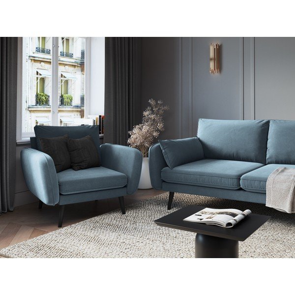 Světle modré sametové křeslo s černými nohami Kooko Home Lento-image-1