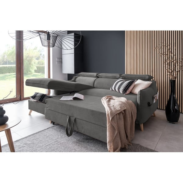 Tmavě šedá sametová rozkládací rohová pohovka (levý roh) Sweet Harmony – Miuform-image-4